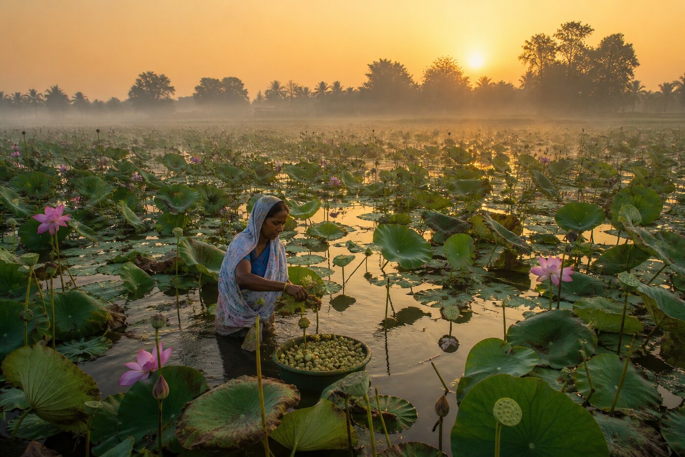 Lotus pond at sunrise in Mithila, Bihar where makhana is harvested